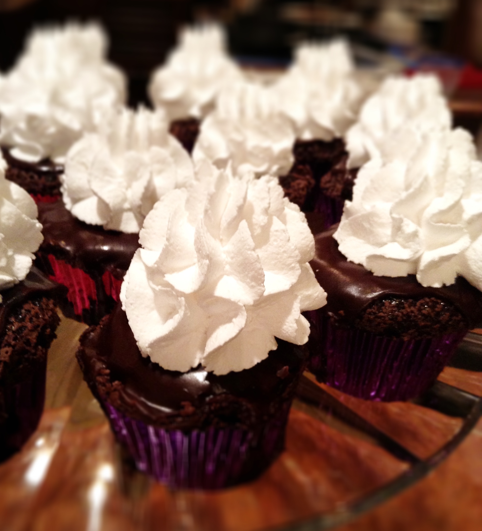 Chocolate Cupcakes with Hard Chocolate Frosting and Whipped Cream